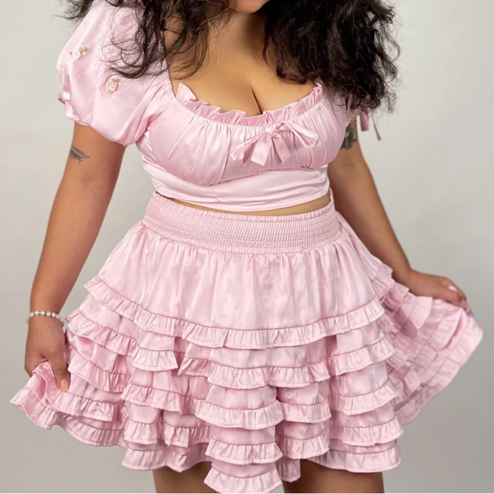 Rosette pink ruffle skirt and top set
